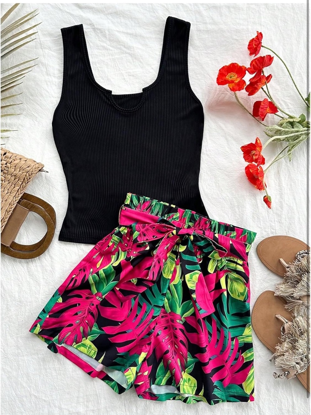 Women's Tropical Tie-Waist Shorts Set- Fuchsia Leaf Print- Small